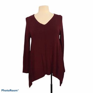 Olive + Oak Burgundy Red V Neck Asymmetrical Hem Sweater, lightweight, size M